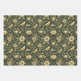 鳥とエレガントフローラのヴィンテージの折り返しと切り離し ラッピングペーパーシート