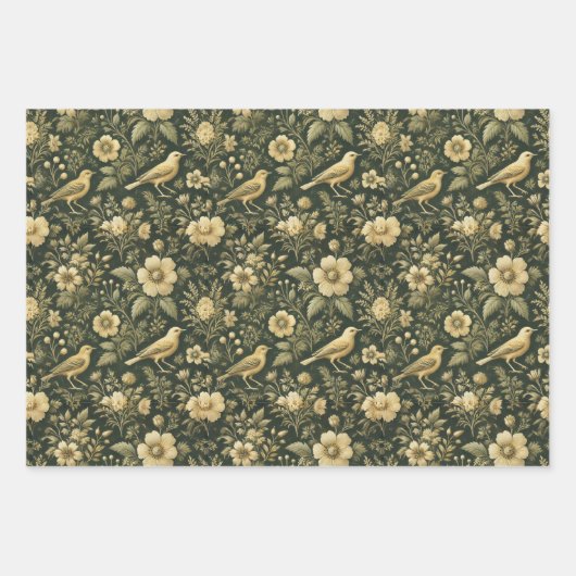 鳥とエレガントフローラのヴィンテージの折り返しと切り離し ラッピングペーパーシート (正面)