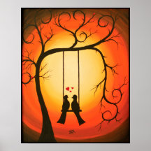 鳥とオレンジと黒い夕日