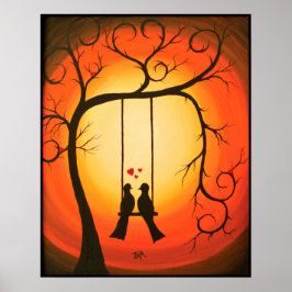 鳥とオレンジと黒い夕日 ポスター