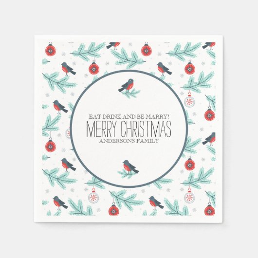 鳥とオーナメントカラフルクリスマスパターン スタンダードカクテルナプキン (正面)