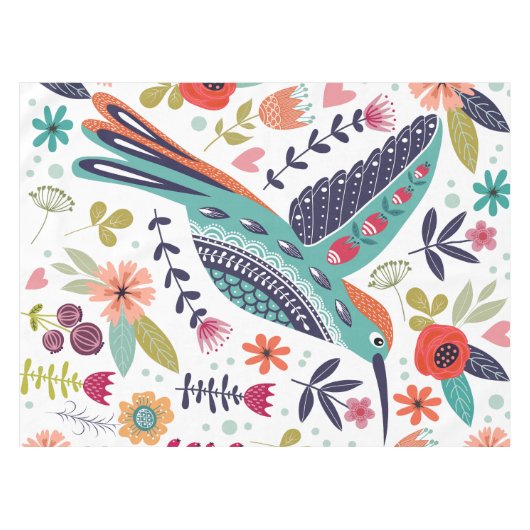 鳥とカラフルスカンジナビアのフォークアートの花 テーブルクロス (正面(横))