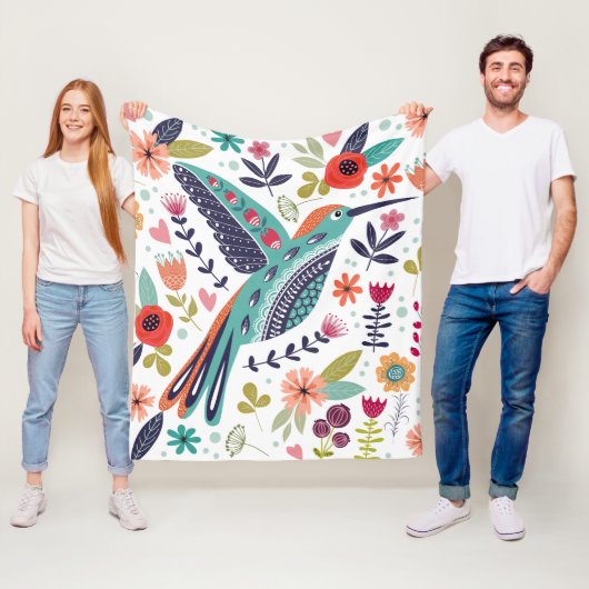 鳥とカラフルスカンジナビアのフォークアートの花 フリースブランケット (インサイチュ)