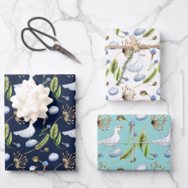 鳥とコスモスの春の屋外ブライダルシャワー ラッピングペーパーシート