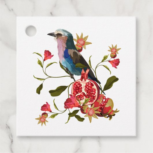 鳥とザクロの果実のイラストレーション。 フェイバータグ (正面)