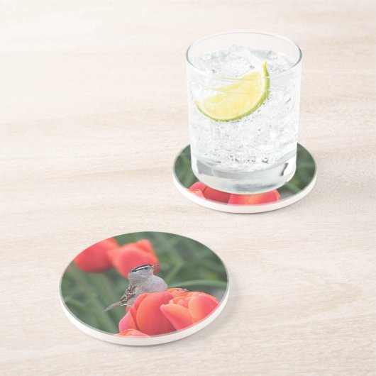 鳥とチューリップフローラ砂岩コースター コースター (側面)