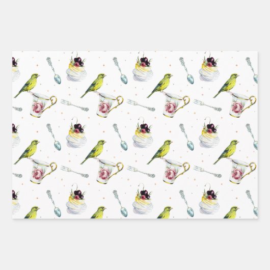 鳥とデザート水の色ウェディングシャワー ラッピングペーパーシート (正面3)