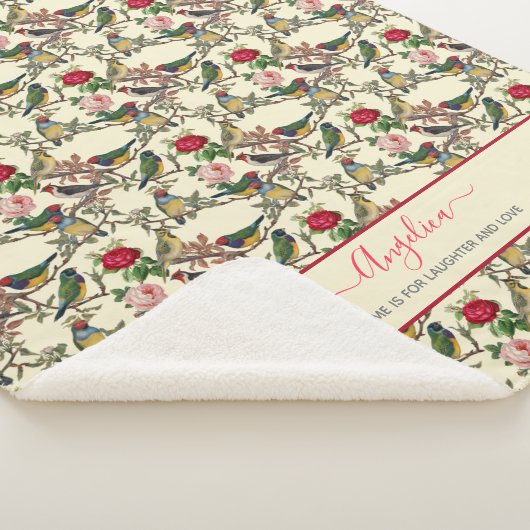 鳥とビクトリアンバラヴィンテージスタイルクリームレッド シェルパブランケット (3/4)