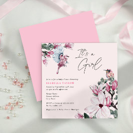 鳥とピンクのフローラガールベビーシャワー 招待状