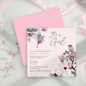 鳥とピンクのフローラガールベビーシャワー 招待状