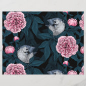 鳥とピンクの牡丹の花と葉の花 (裏面)