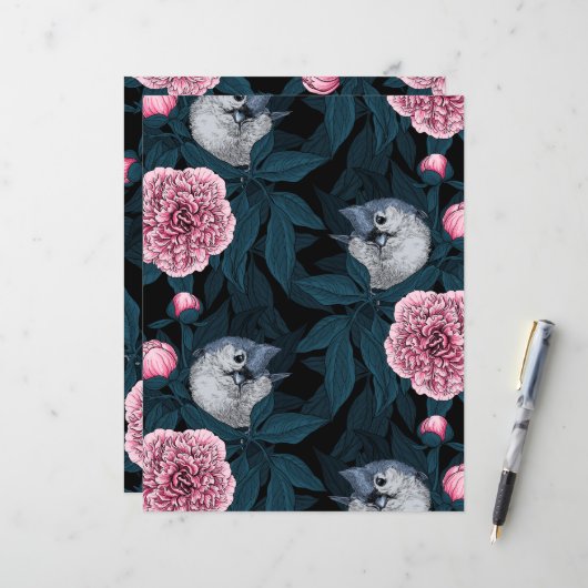 鳥とピンクの牡丹の花と葉の花 (正面/裏面インサイチュ)