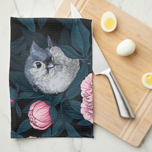 鳥とピンクの牡丹の花と葉の花 キッチンタオル (四つ折り)