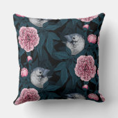 鳥とピンクの牡丹の花と葉の花 クッション (裏面)