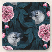 鳥とピンクの牡丹の花と葉の花 コースター (正面)