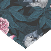 鳥とピンクの牡丹の花と葉の花 ショートテーブルランナー (コーナー)