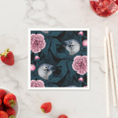 鳥とピンクの牡丹の花と葉の花 スタンダードカクテルナプキン (インサイチュ)