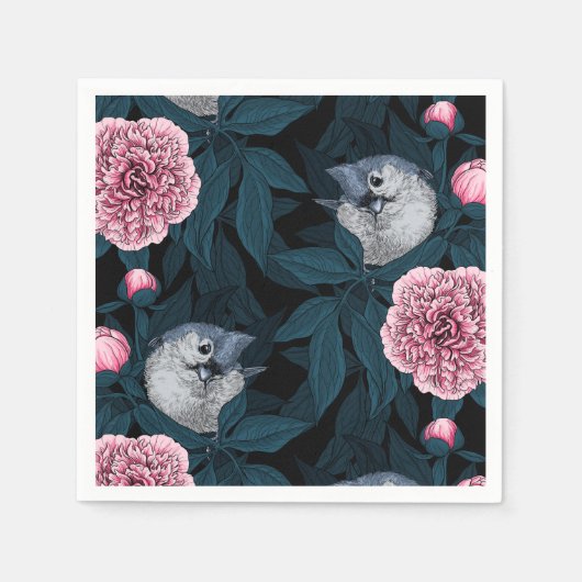 鳥とピンクの牡丹の花と葉の花 スタンダードカクテルナプキン (正面)
