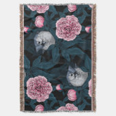 鳥とピンクの牡丹の花と葉の花 スローブランケット (正面縦)