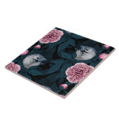 鳥とピンクの牡丹の花と葉の花 タイル (側面)