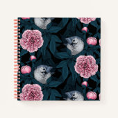 鳥とピンクの牡丹の花と葉の花 ノートブック (正面)