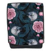 鳥とピンクの牡丹の花と葉の花 バックパック (正面)