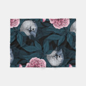 鳥とピンクの牡丹の花と葉の花 フリースブランケット (正面(横))