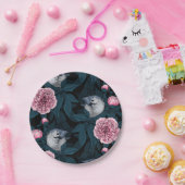 鳥とピンクの牡丹の花と葉の花 ペーパープレート (パーティー)