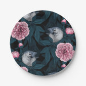 鳥とピンクの牡丹の花と葉の花 ペーパープレート (正面)