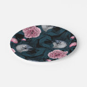鳥とピンクの牡丹の花と葉の花 ペーパープレート (アングル)
