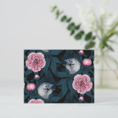 鳥とピンクの牡丹の花と葉の花 ポストカード (スタンド正面)
