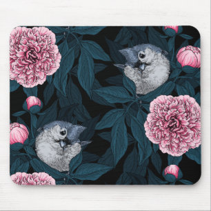 鳥とピンクの牡丹の花と葉の花 マウスパッド