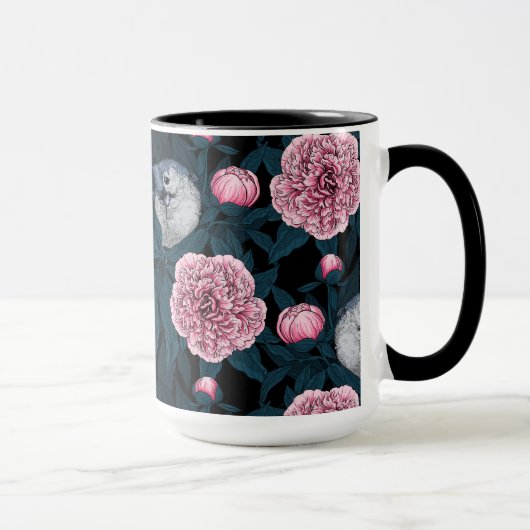 鳥とピンクの牡丹の花と葉の花 マグカップ (右)