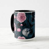 鳥とピンクの牡丹の花と葉の花 マグカップ (正面左)