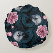 鳥とピンクの牡丹の花と葉の花 ラウンドクッション (裏面)