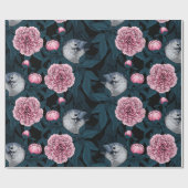 鳥とピンクの牡丹の花と葉の花 ラッピングペーパー (フラット)