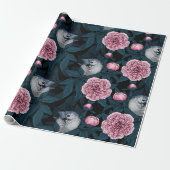 鳥とピンクの牡丹の花と葉の花 ラッピングペーパー (アンロールド)