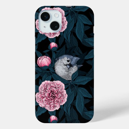 鳥とピンクの牡丹の花と葉の花 Case-Mate iPhoneケース (裏面)