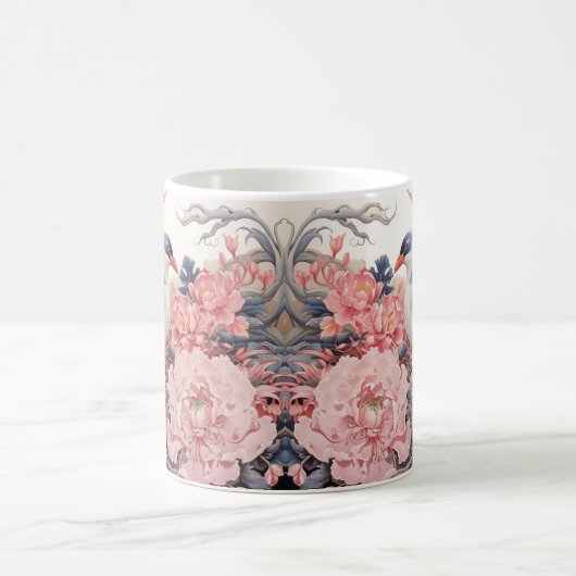 鳥とピンクの牡丹コーヒーマグ コーヒーマグカップ (中央)