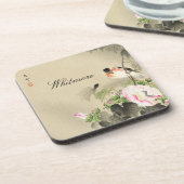 鳥とピンクの花のヴィンテージ日本のプリント コースター (左側)