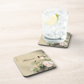 鳥とピンクの花のヴィンテージ日本のプリント コースター (右側)