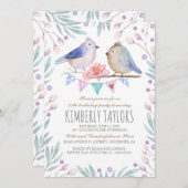 鳥とピンクの花の森の国の誕生日パーティー 招待状 (正面/裏面)