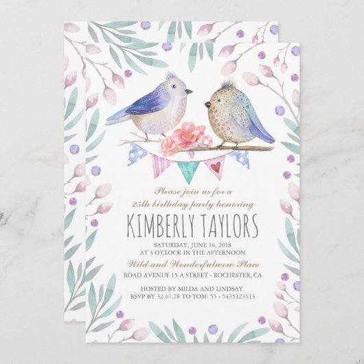 鳥とピンクの花の森の国の誕生日パーティー 招待状 (正面/裏面)