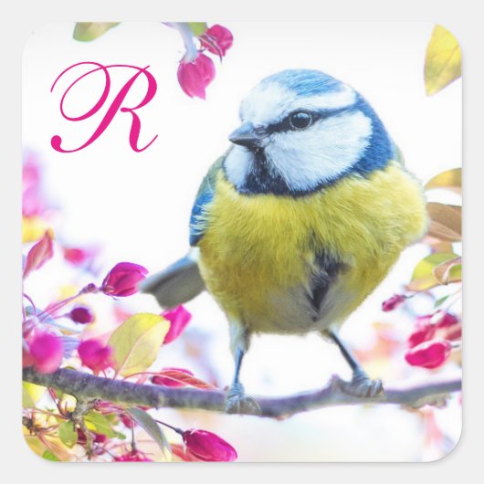 鳥とピンクの花モノグラム スクエアシール (正面)