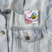 鳥とピンクの花モノグラム 缶バッジ (インサイチュ)