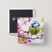 鳥とピンクの花モノグラム 缶バッジ (正面&裏面)