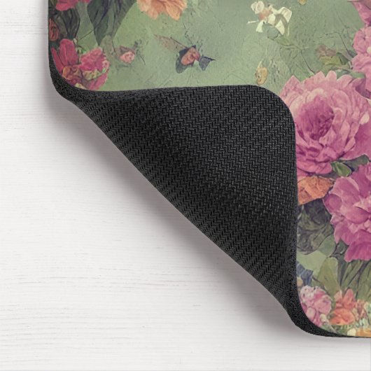 鳥とピンクローズヴィンテージフローラセージ緑 マウスパッド (コーナー)