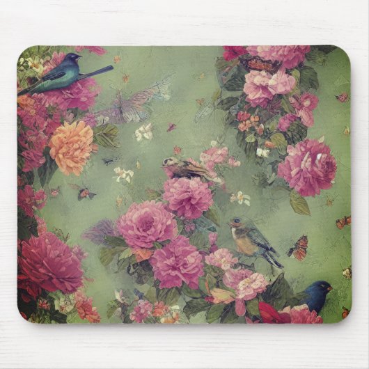 鳥とピンクローズヴィンテージフローラセージ緑 マウスパッド (正面)