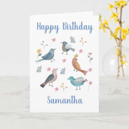 鳥とフローラのパーソナライズされた誕生日カード カード (黄色い花)