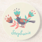 鳥とフローラのフォークアートパーソナライズされた コースター (正面)